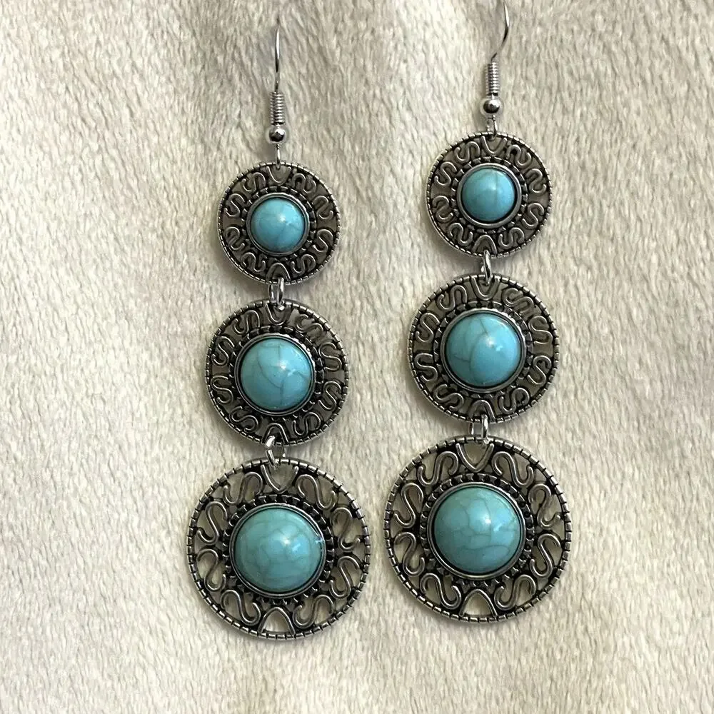 NEW Silver Plated Turquoise Earrings Triple Circles Geometric Western Boho